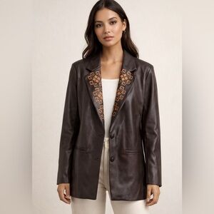 Nekane Faux Leather Blazer Chocolate Brown Embroidered Tailored Fit Small NWT